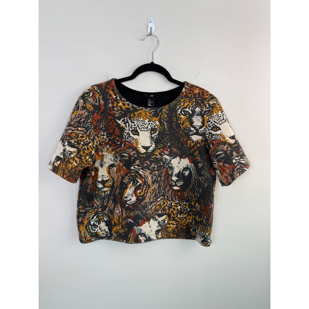 H&M Big Cat Graphic Print Crop Top Women Small Multi-Color Lion Tiger Leopard